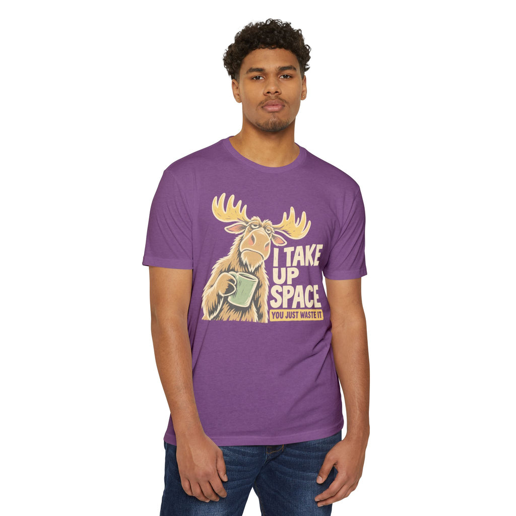 Purple moose graphic T-shirt with “I Take Up Space” slogan