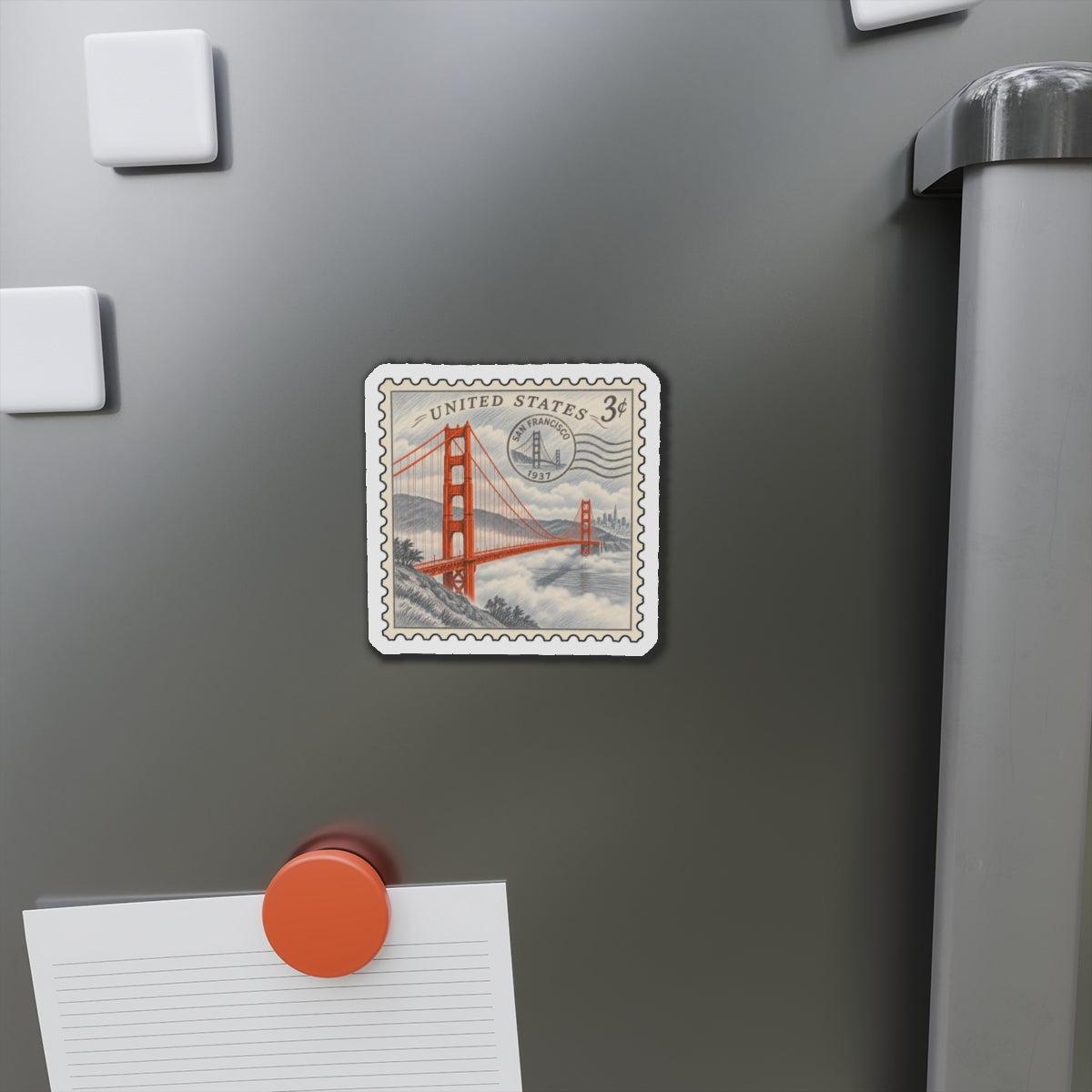 Die-cut Golden Gate Bridge stamp magnet on stainless refrigerator door