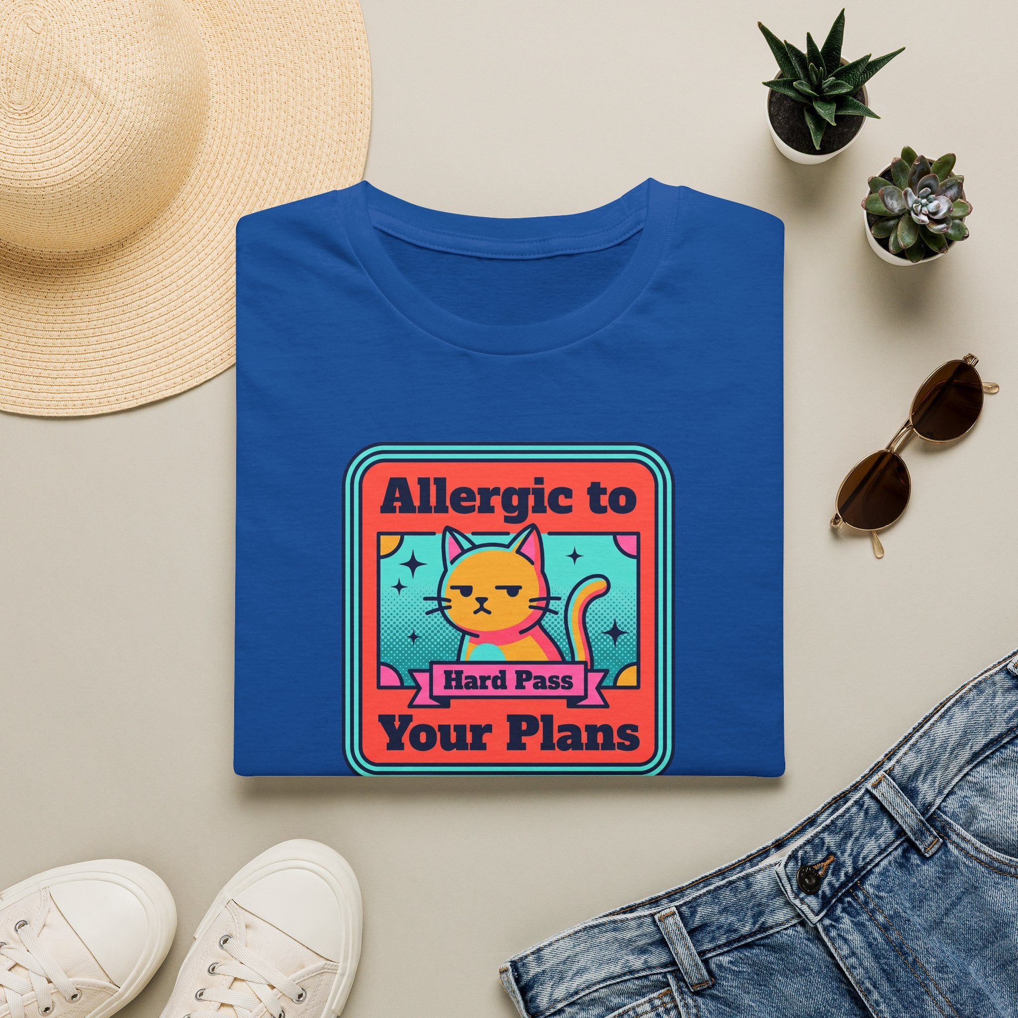 Royal blue cat graphic T-shirt with 'Allergic to Your Plans' text