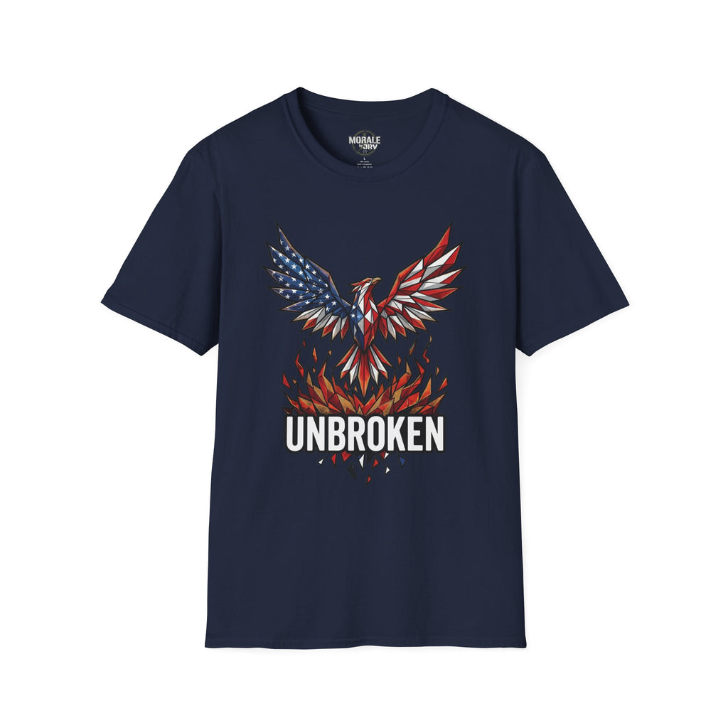 Navy T-shirt with "UNBROKEN" eagle phoenix graphic and American flag wing artwork