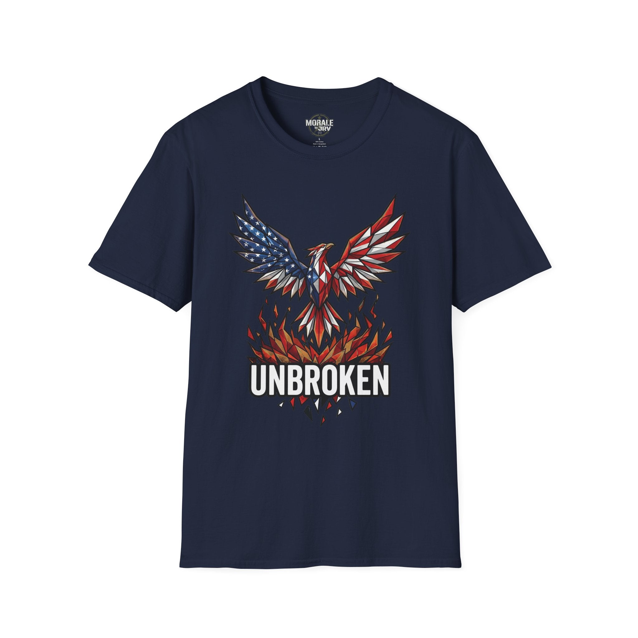 Navy T-shirt with "UNBROKEN" eagle phoenix graphic and American flag wing artwork