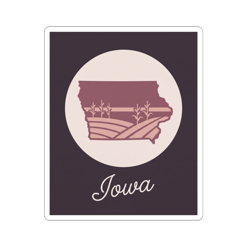 Iowa state outline mauve kiss-cut sticker with “Iowa” cursive text, pale circle, square bordered shape