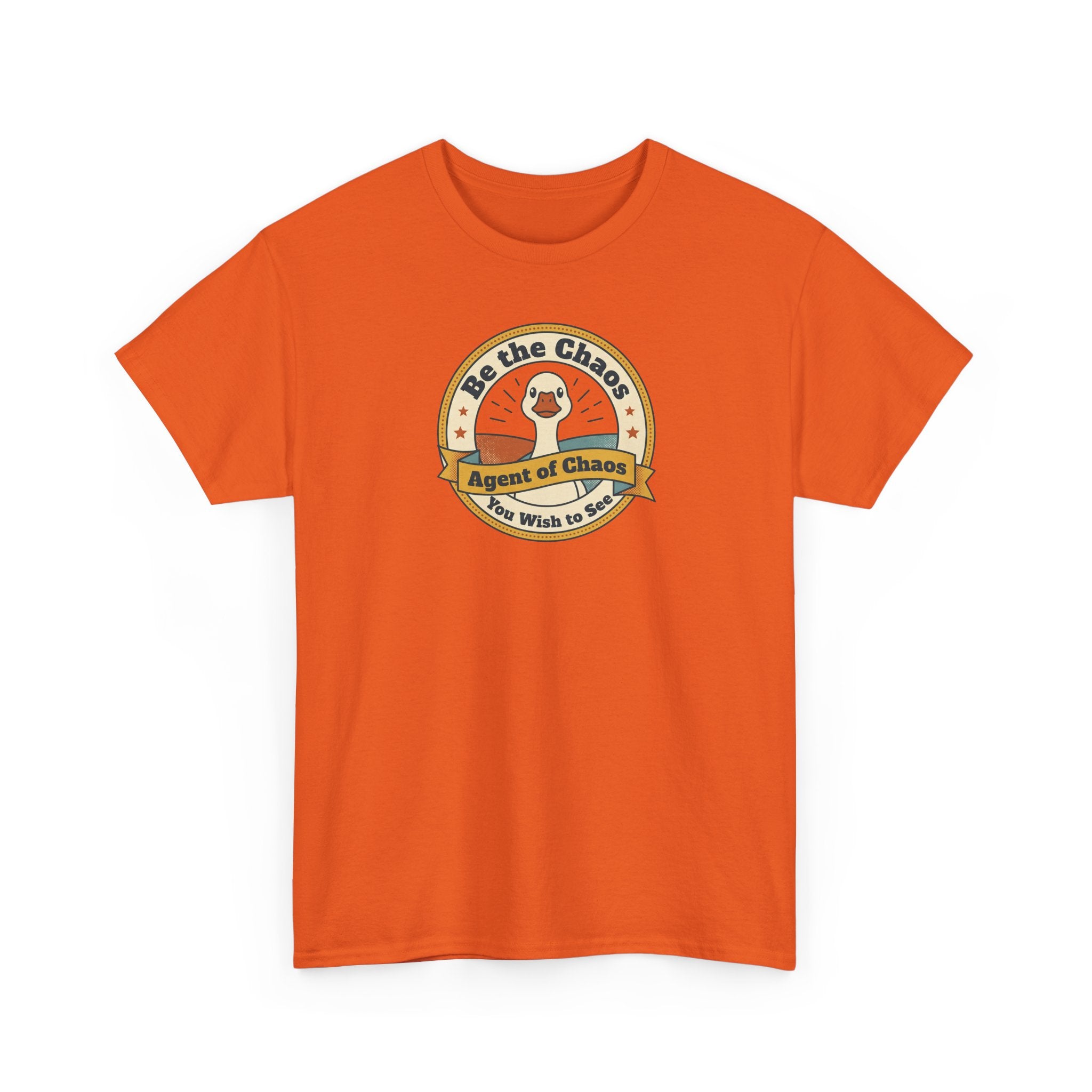 Orange-red crewneck T-shirt with short sleeves and circular duck emblem graphic