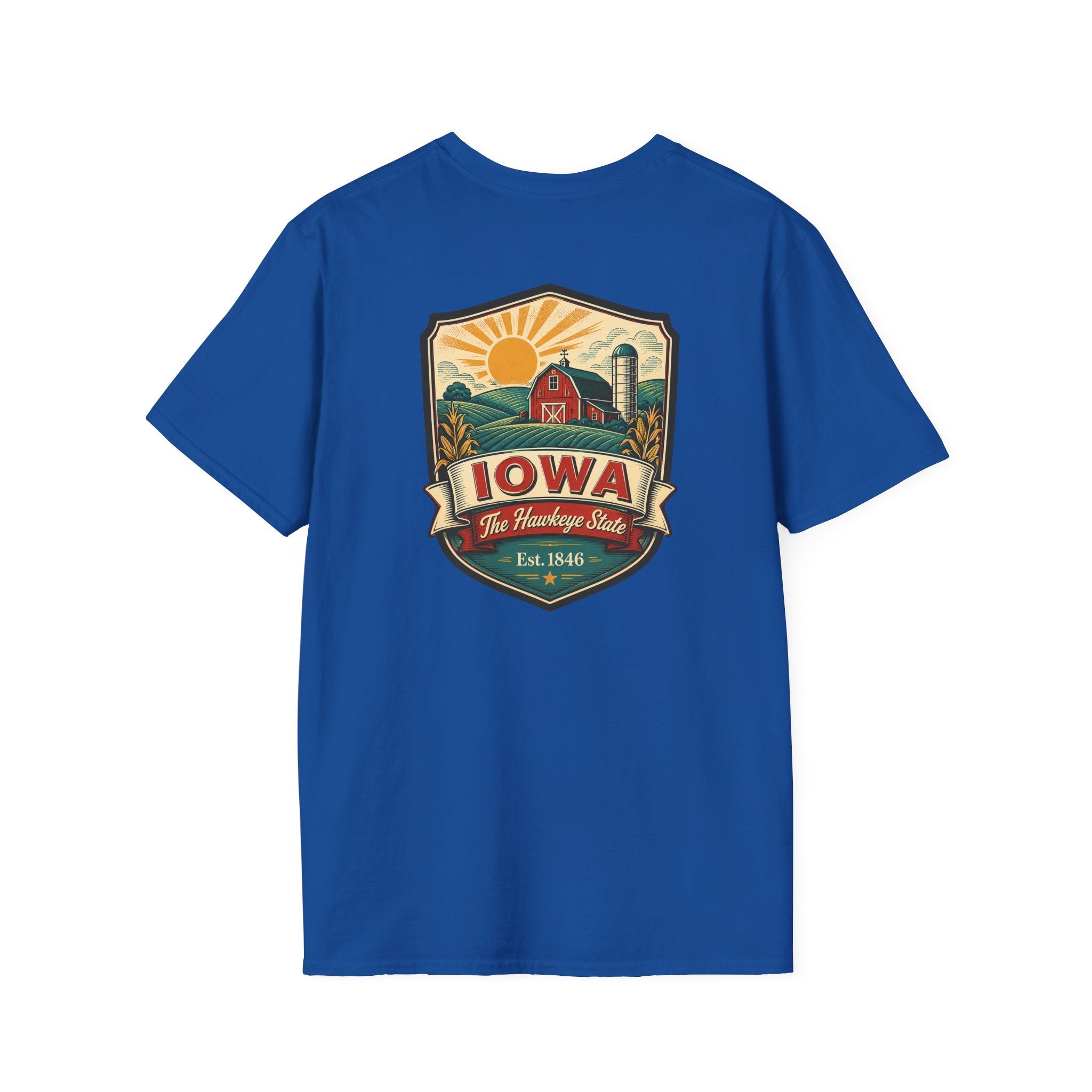 Royal blue Iowa travel badge T-shirt with front graphic logo print