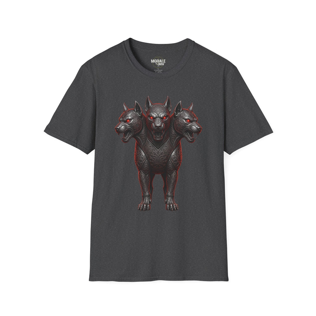 Dark Heather three-headed Cerberus dog T-shirt, three heads gothic front graphic