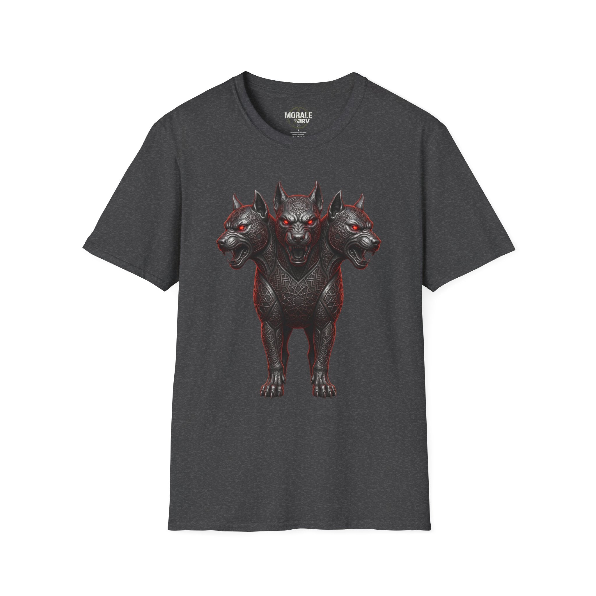 Dark Heather three-headed Cerberus dog T-shirt, three heads gothic front graphic