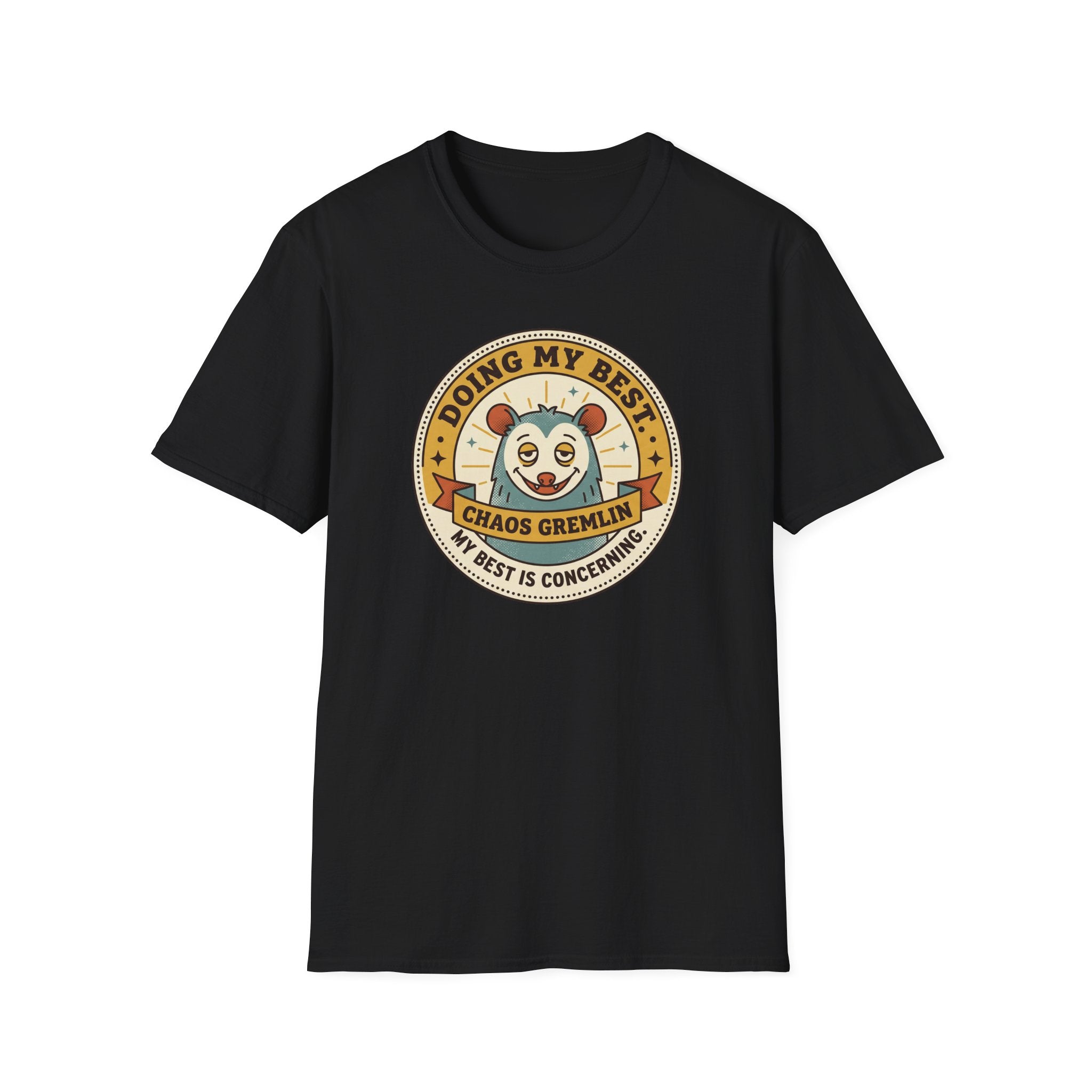 Black crewneck T-shirt with circular cartoon gremlin graphic centered on front