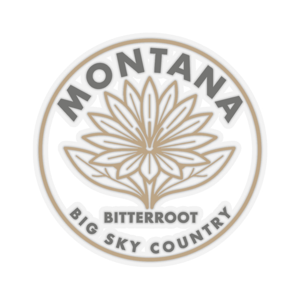 Close-up circular Montana bitterroot sticker with transparent border and ring text