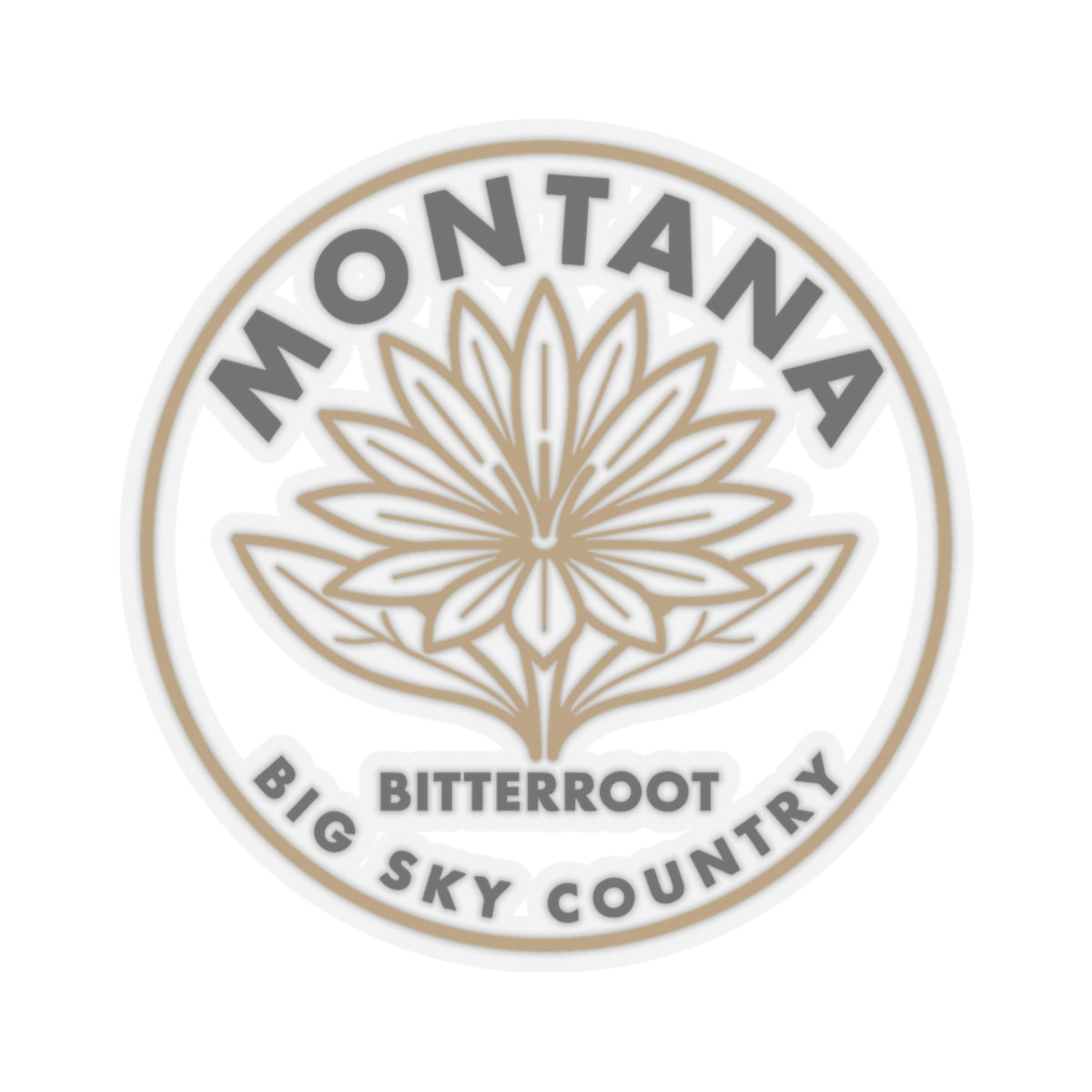 Close-up circular Montana bitterroot sticker with transparent border and ring text