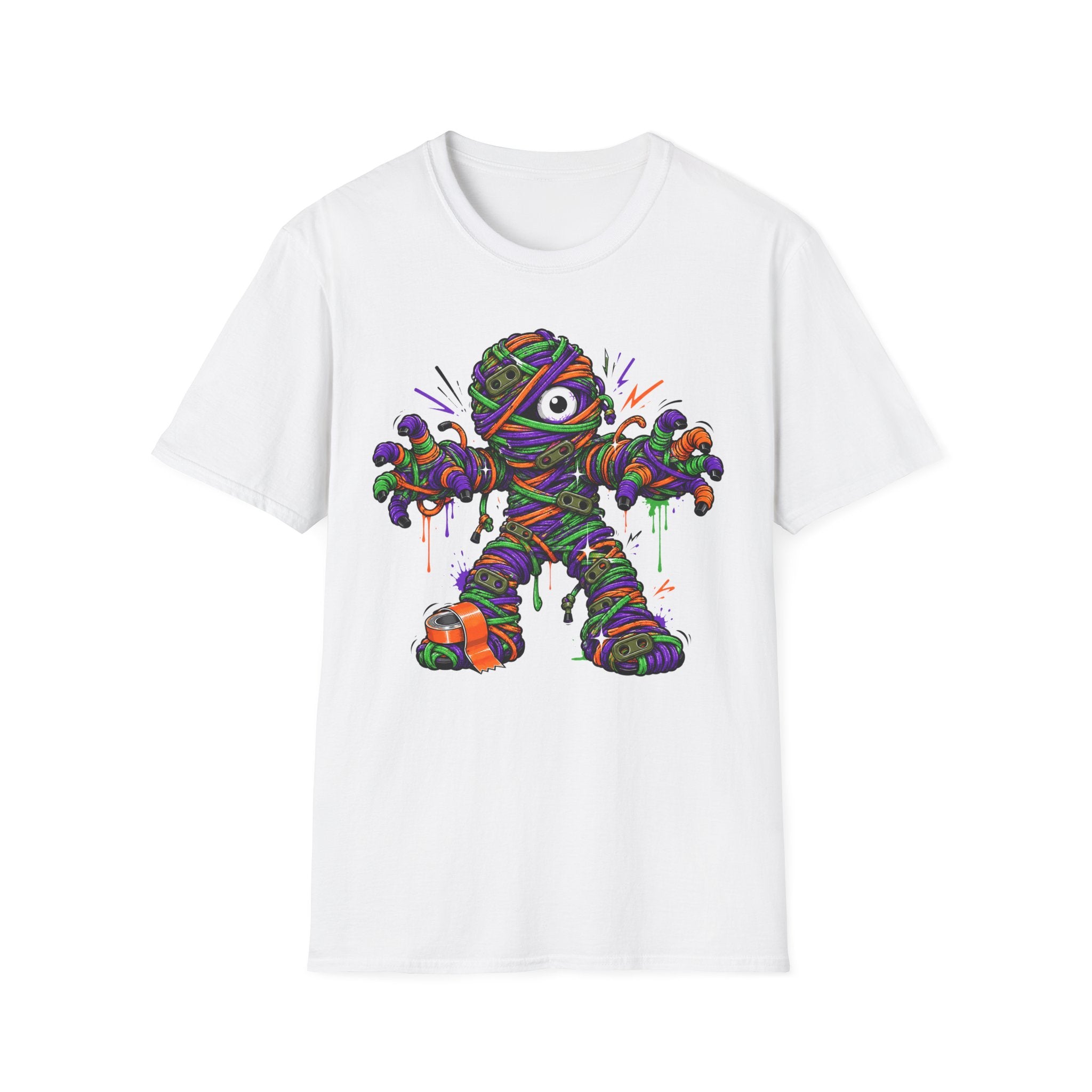 White T-shirt with colorful wrapped monster mummy graphic on chest