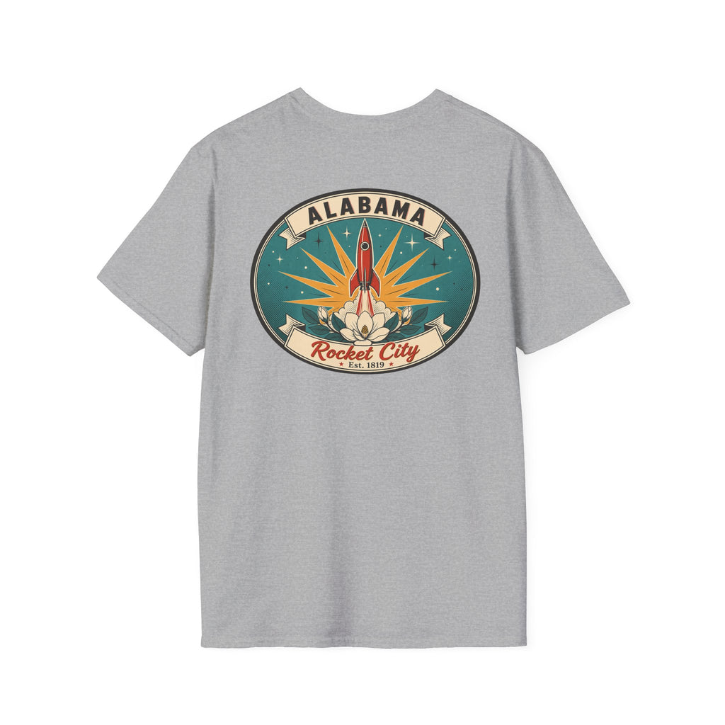 Light gray T-shirt with circular Alabama Rocket City rocket graphic on chest