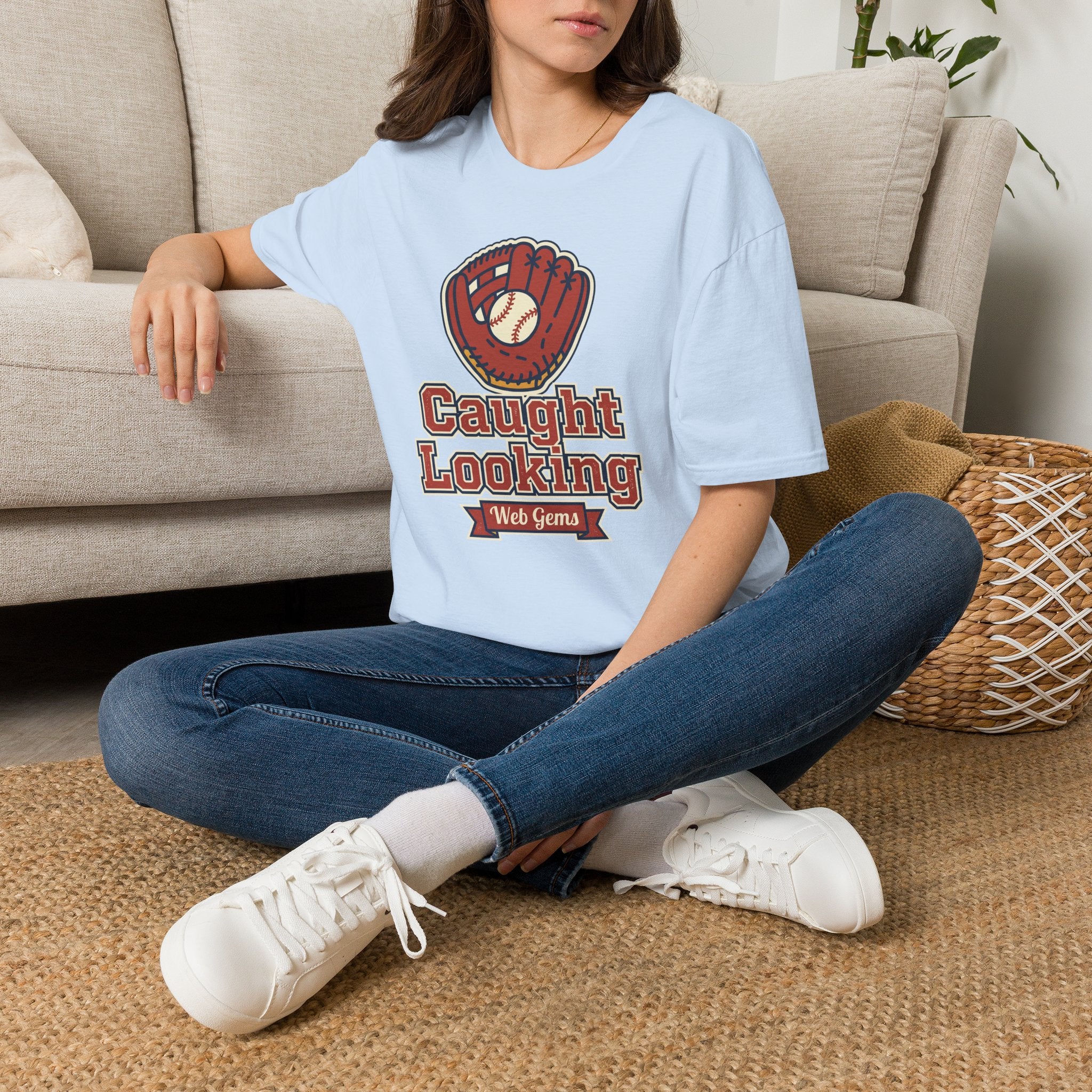 Light blue baseball T-shirt with 'Caught Looking' glove graphic and 'Web Gems' text