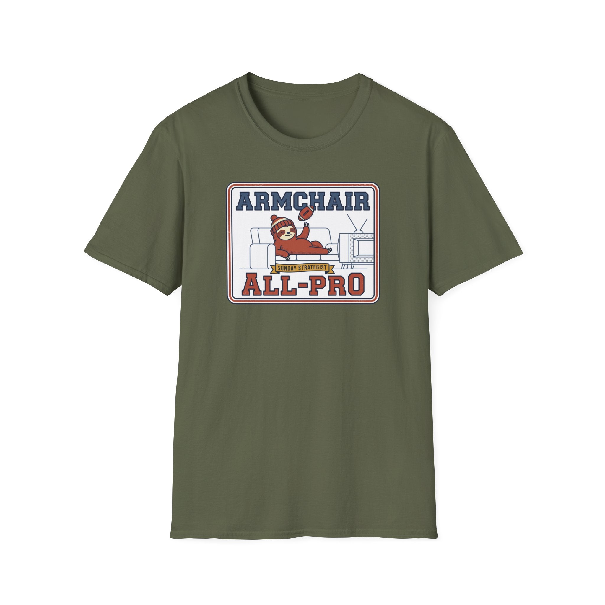 Olive green crew-neck T-shirt with Armchair All-Pro graphic on chest