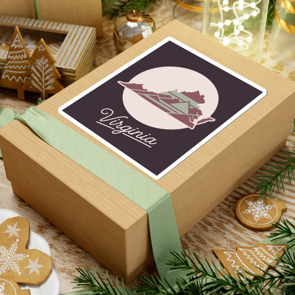 Virginia decal on a wrapped gift box, bordered square sticker with “Virginia” script