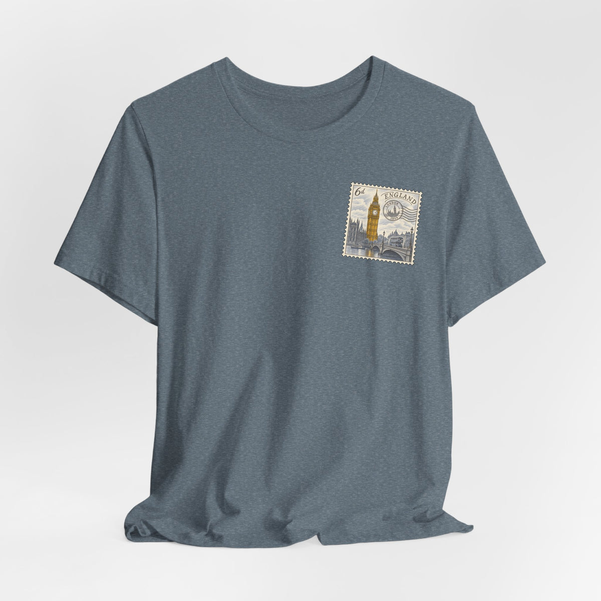 Heather gray travel T-shirt with small vintage postage stamp graphic on front