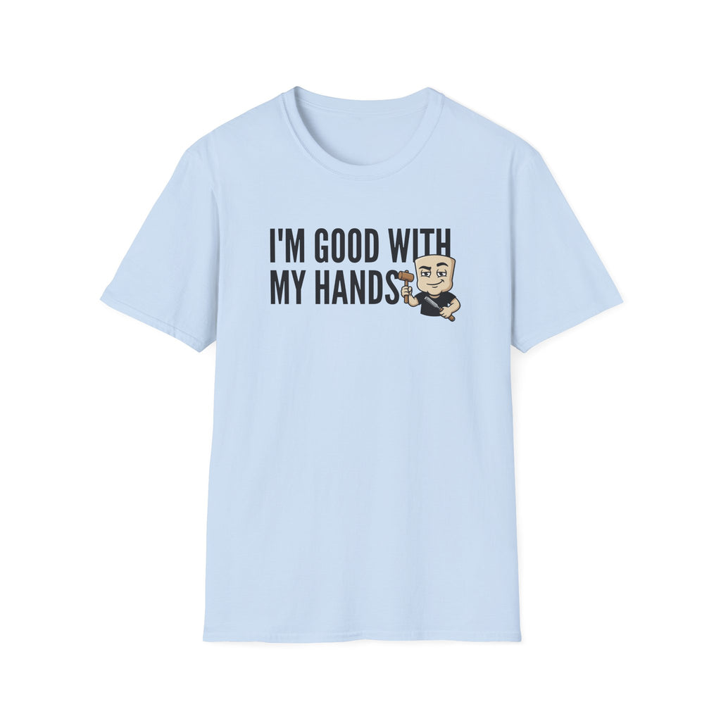 Light blue T-shirt with crew neck, 'I'M GOOD WITH MY HANDS' print and cartoon builder