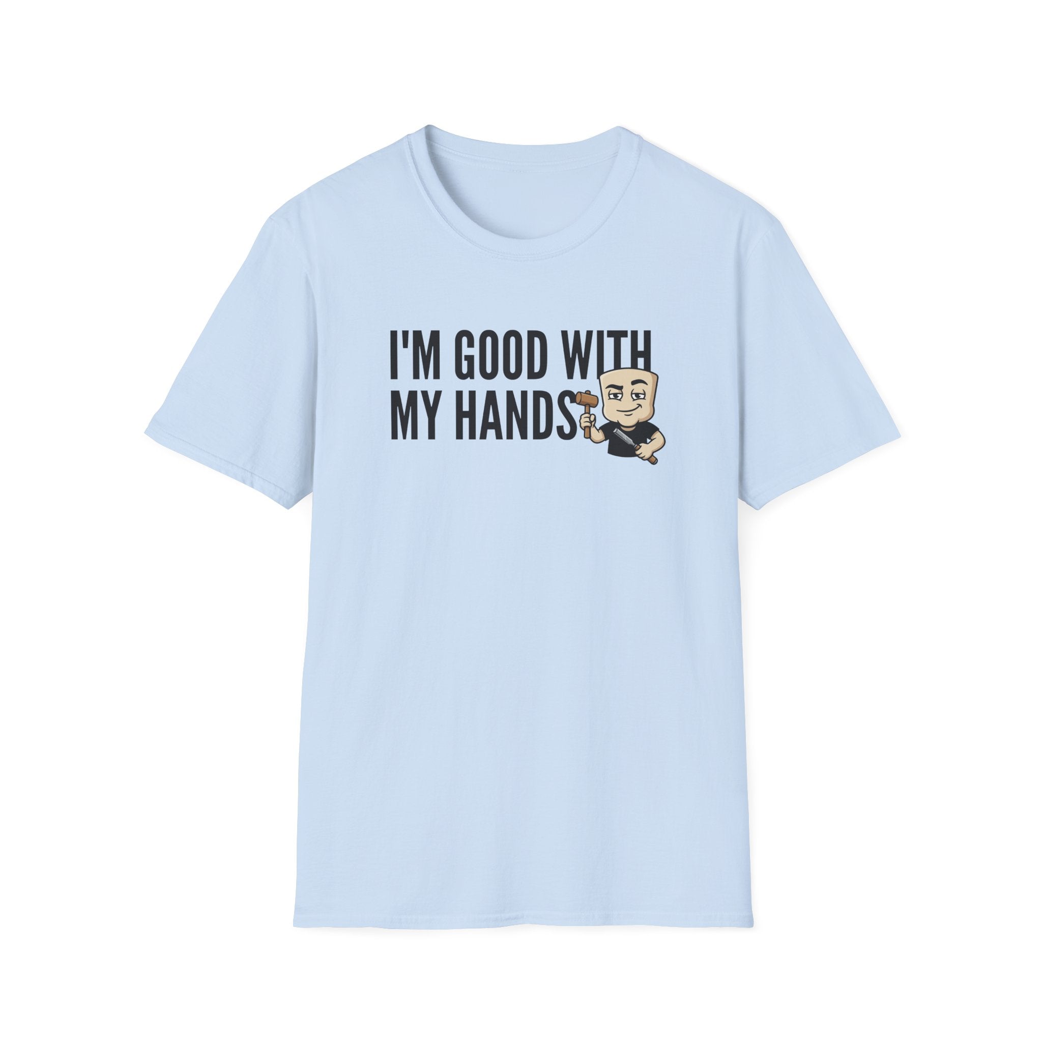 Light blue T-shirt with crew neck, 'I'M GOOD WITH MY HANDS' print and cartoon builder