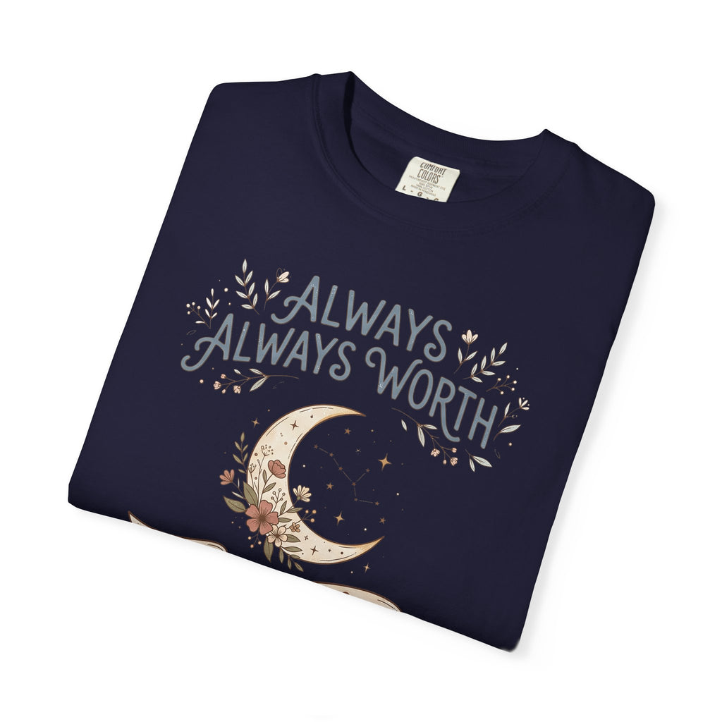 Navy T-shirt with crescent moon and “ALWAYS WORTH” floral text graphic