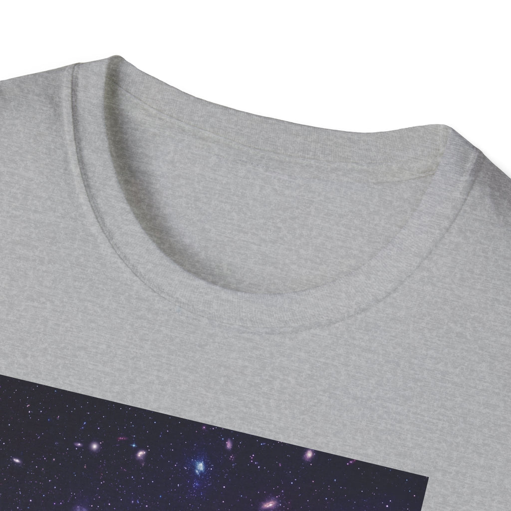 Light gray crew-neck T-shirt with galaxy skull print header