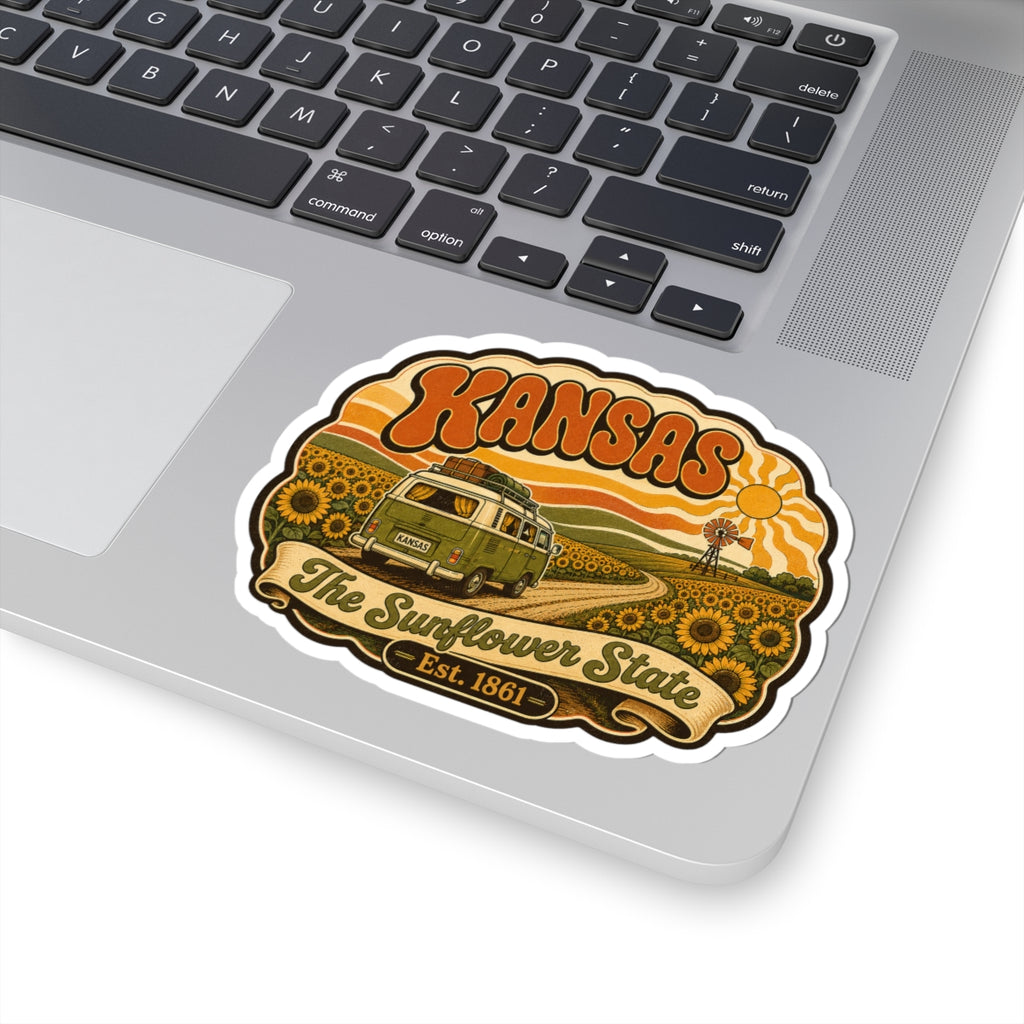 Kansas die-cut van decal showing sunflowers, windmill, and Est. 1861 banner.
