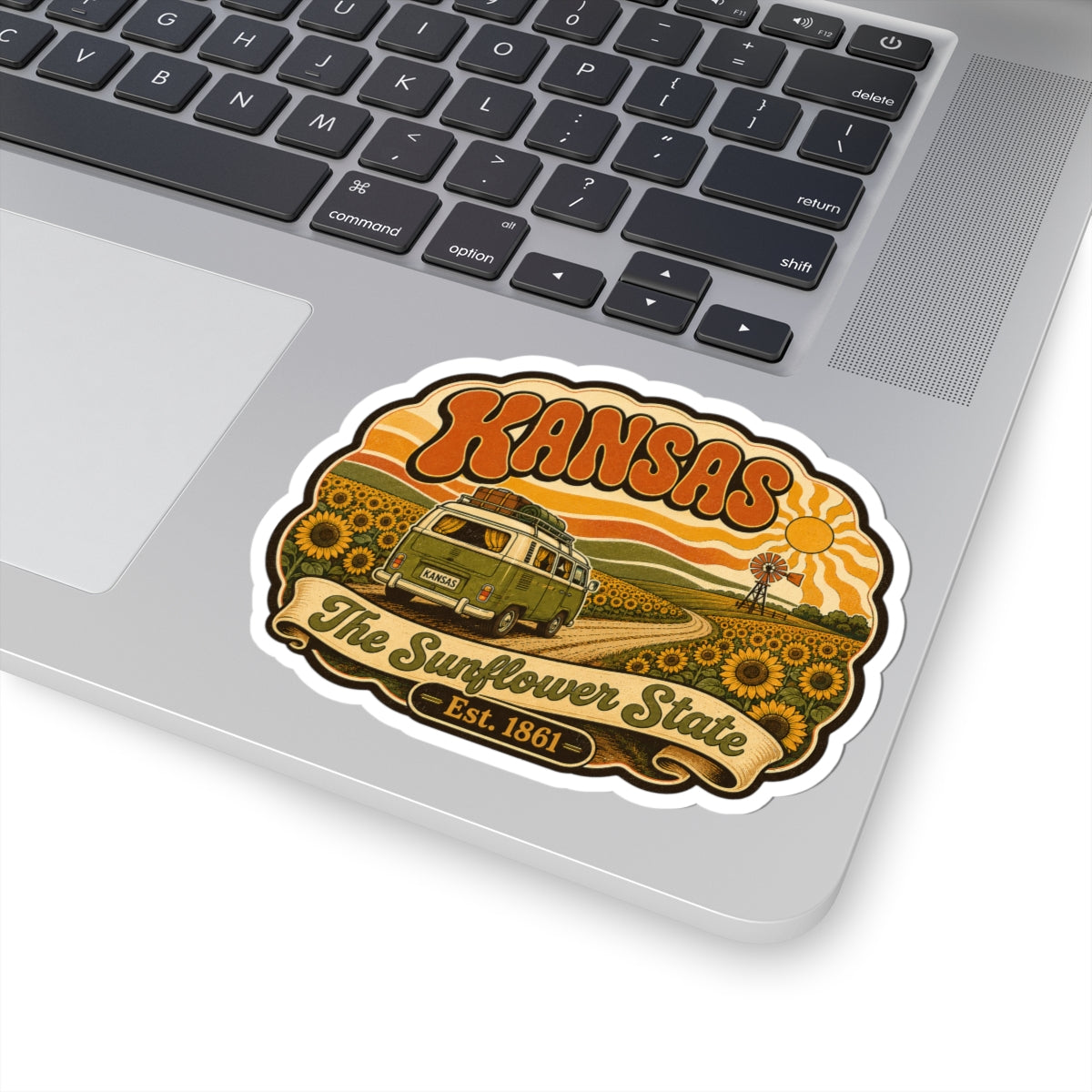 Kansas die-cut van decal showing sunflowers, windmill, and Est. 1861 banner.