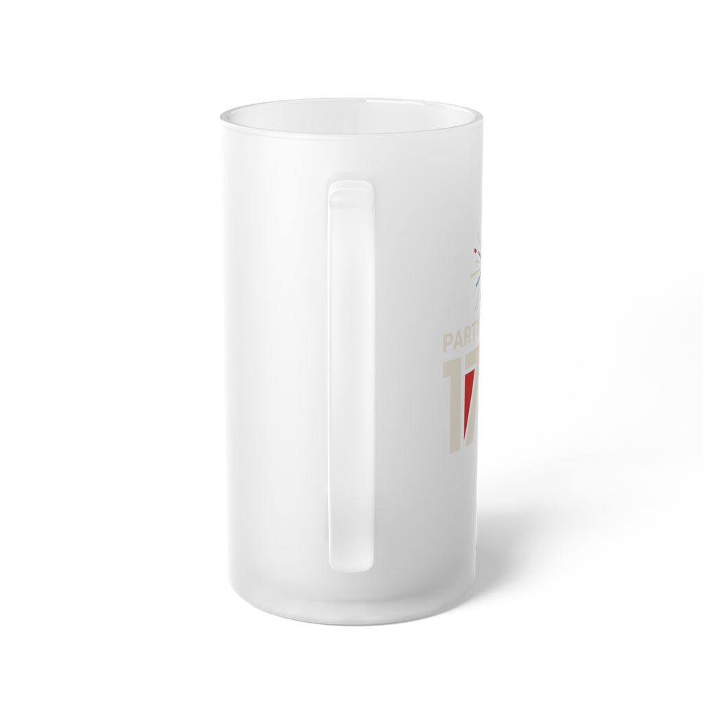 Frosted glass beer mug with vertical handhold detail and side logo