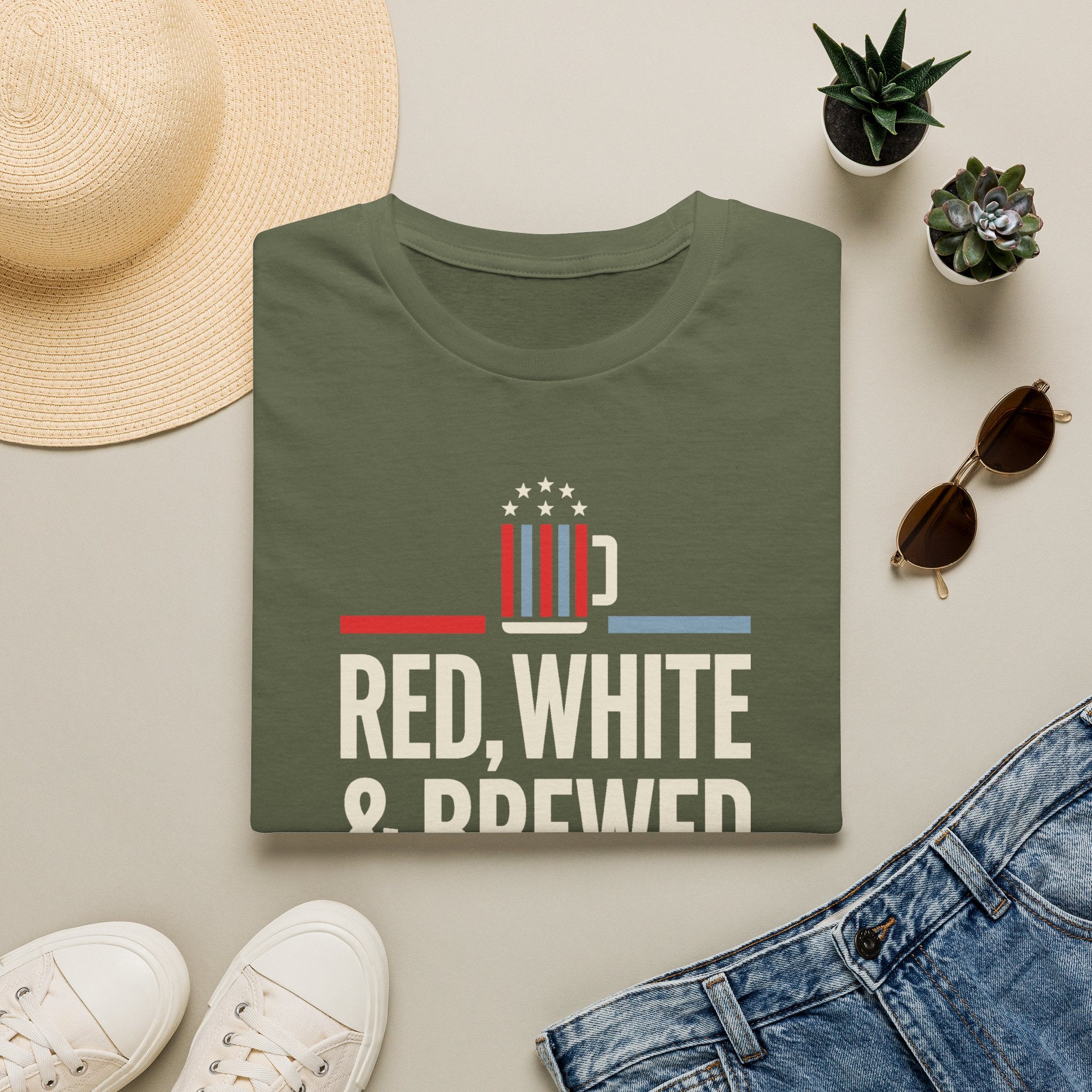 Military green T-shirt with patriotic beer mug graphic and text “RED, WHITE & BREWED”
