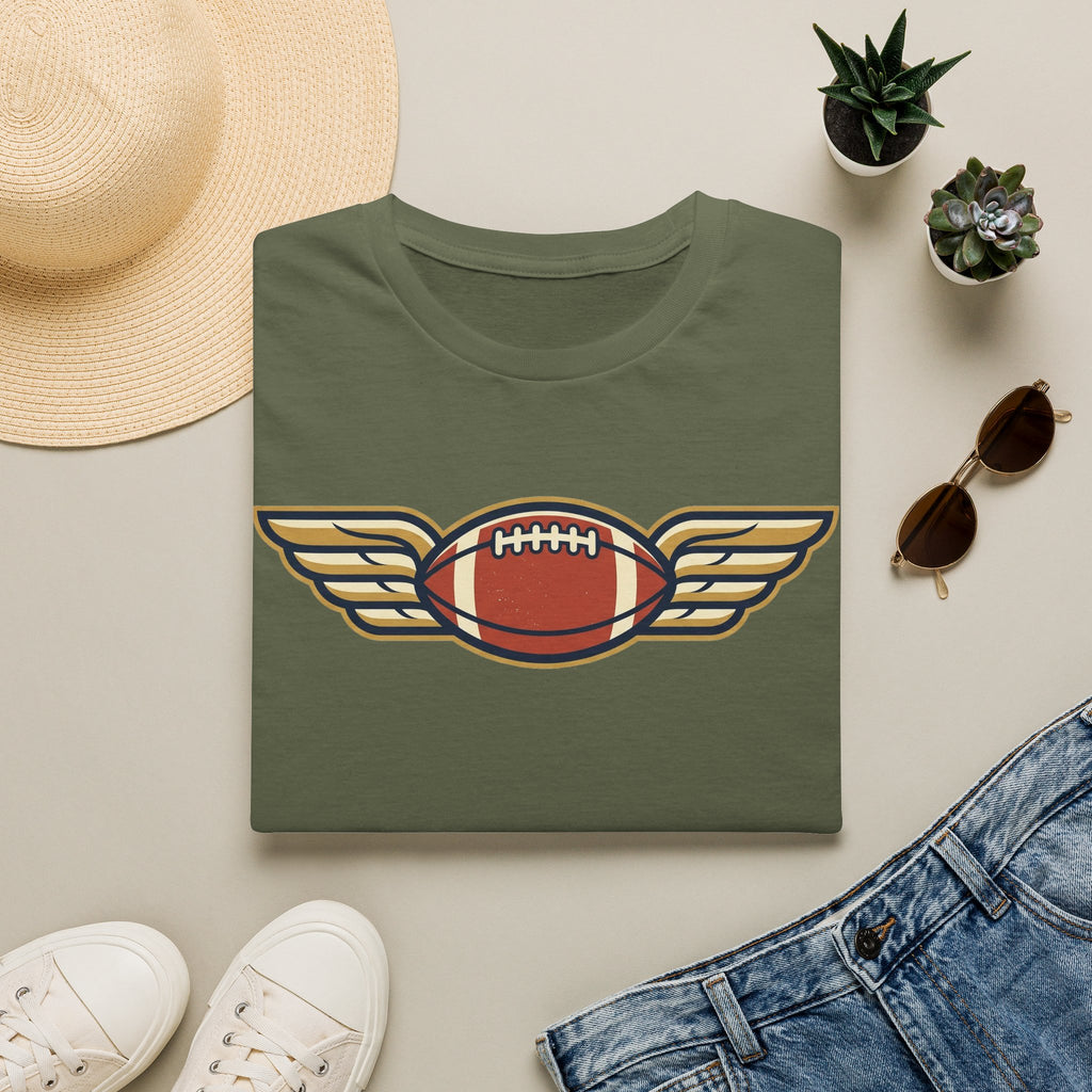 Olive green T-shirt with winged football graphic on the chest