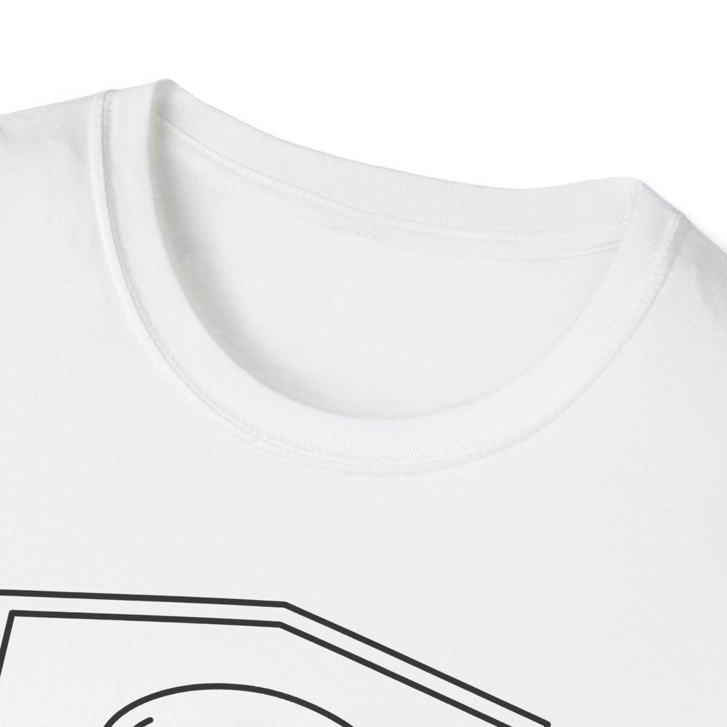 White t-shirt neckline with partial front shield graphic printed in black lines