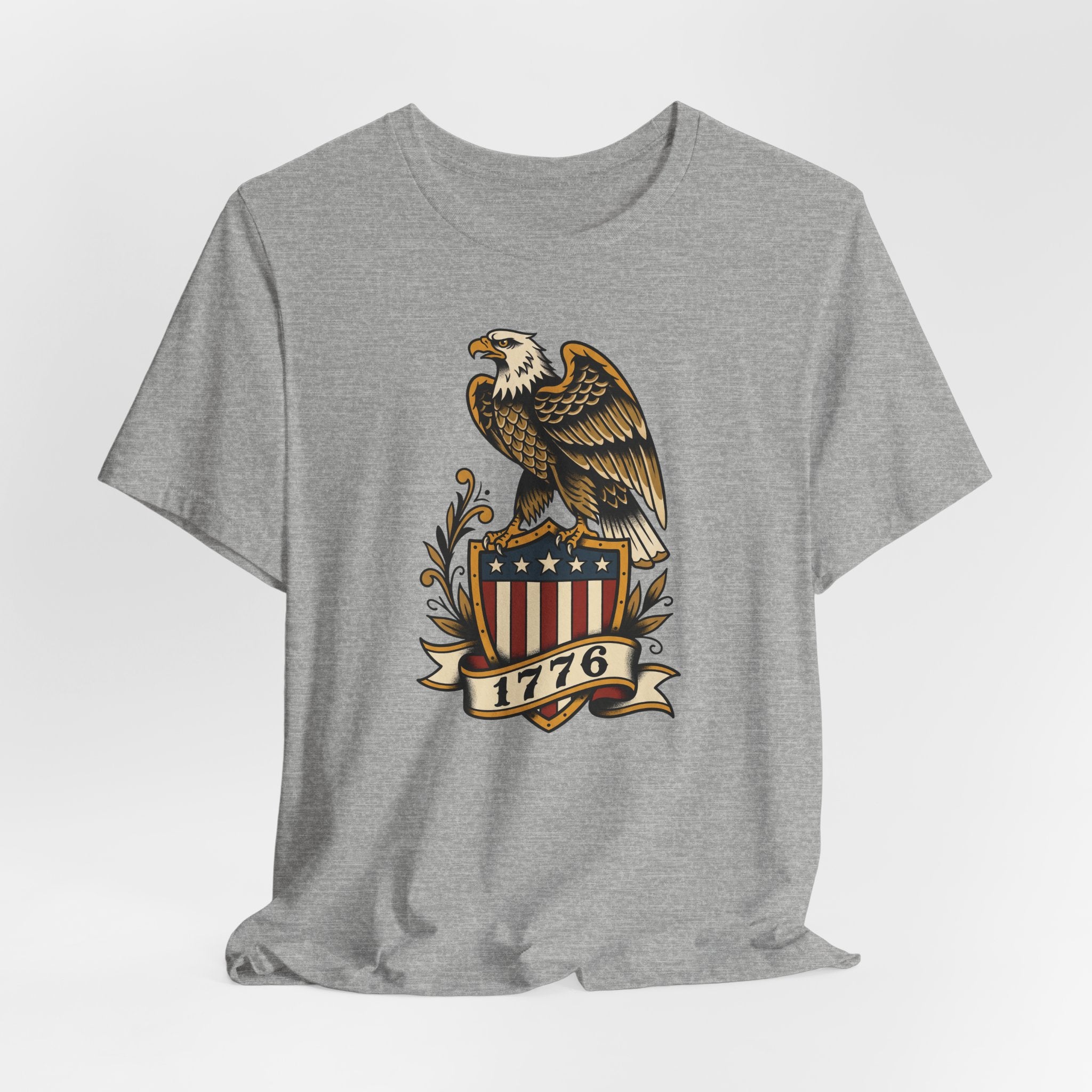Heather gray crewneck T-shirt with eagle shield graphic centered