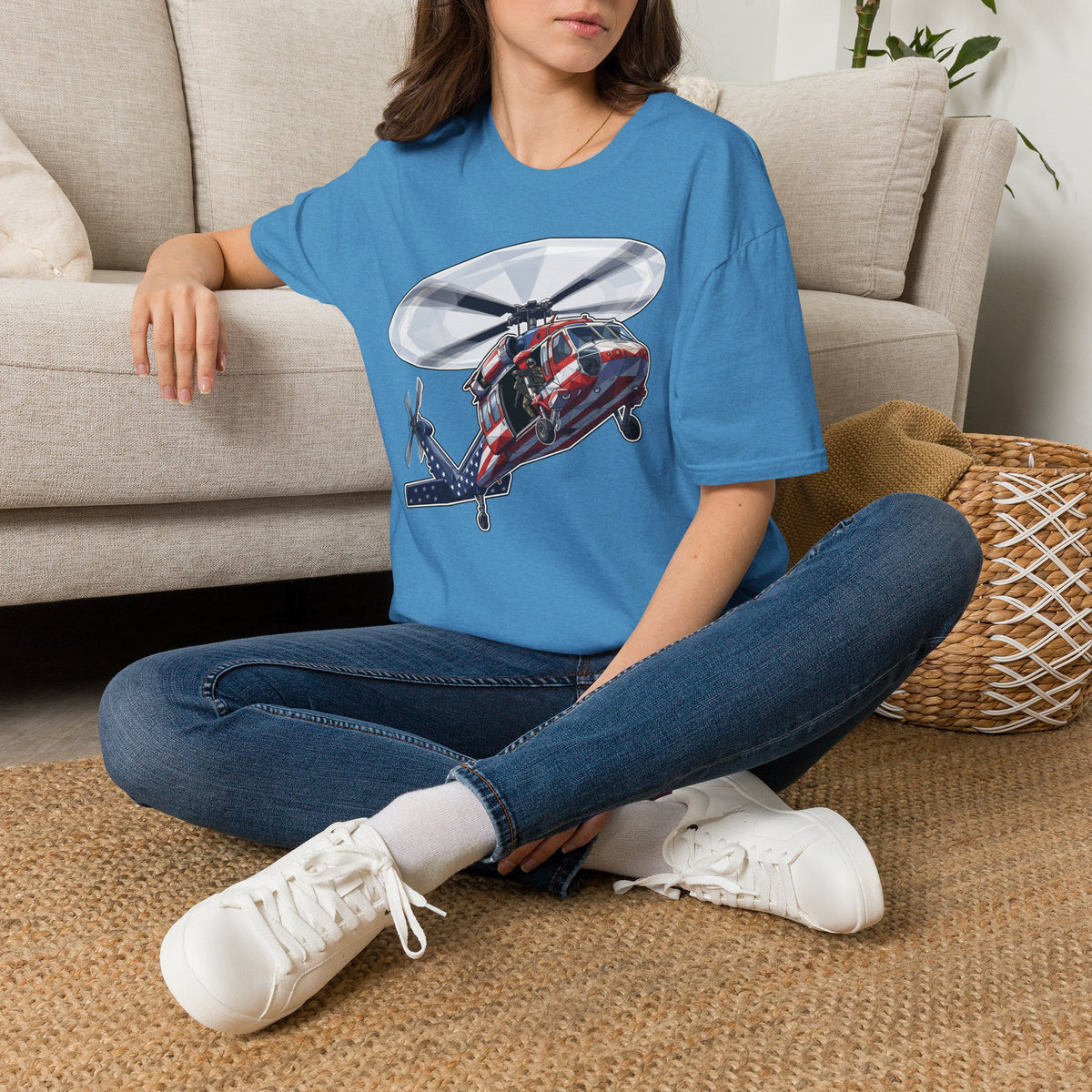 Rescue helicopter T-shirt in blue with red-and-blue helicopter graphic on chest