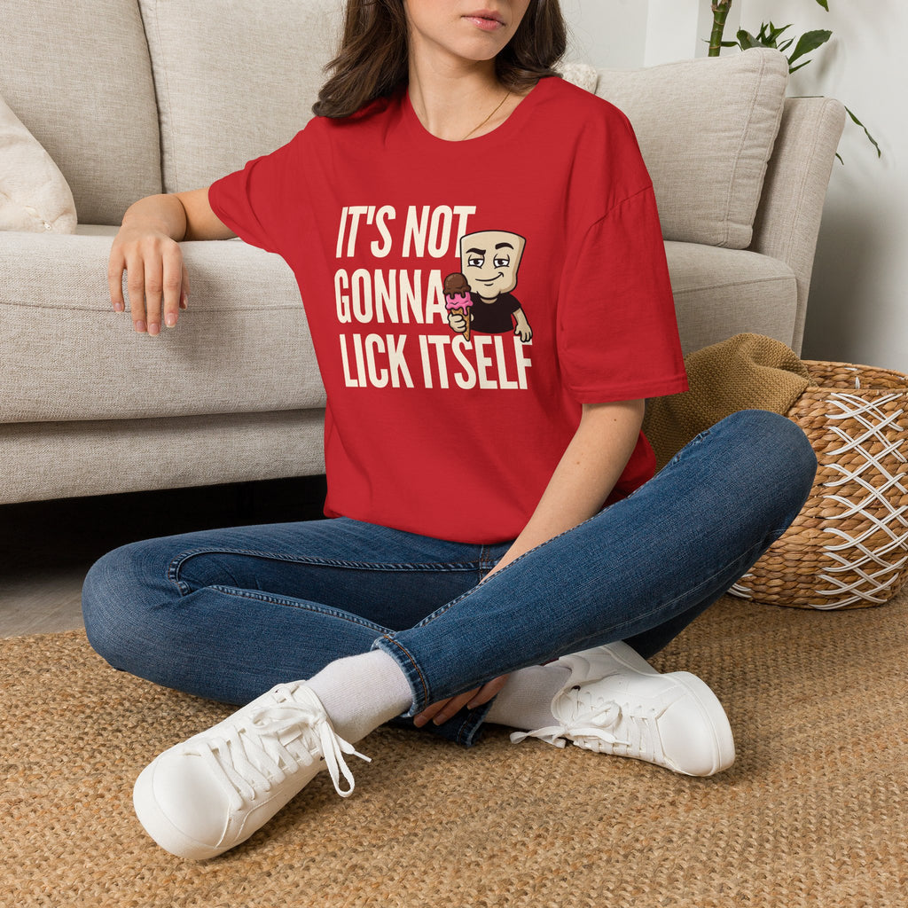Red graphic T-shirt with humorous text and cartoon character
