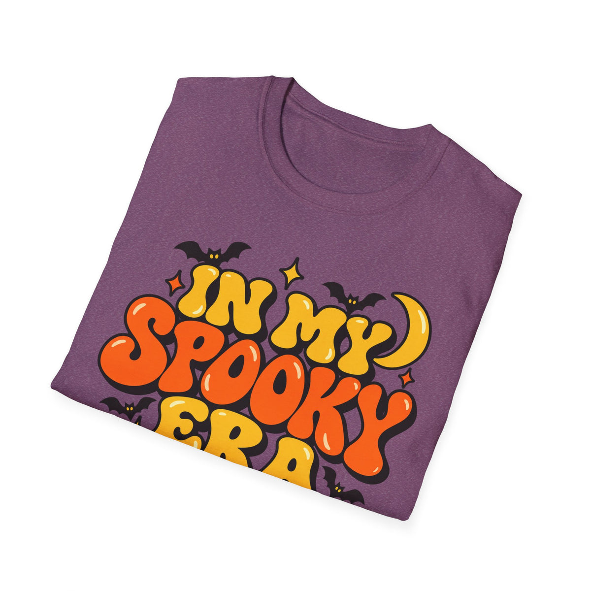 Purple Halloween T-shirt with colorful bubble “spooky” lettering and bat graphics