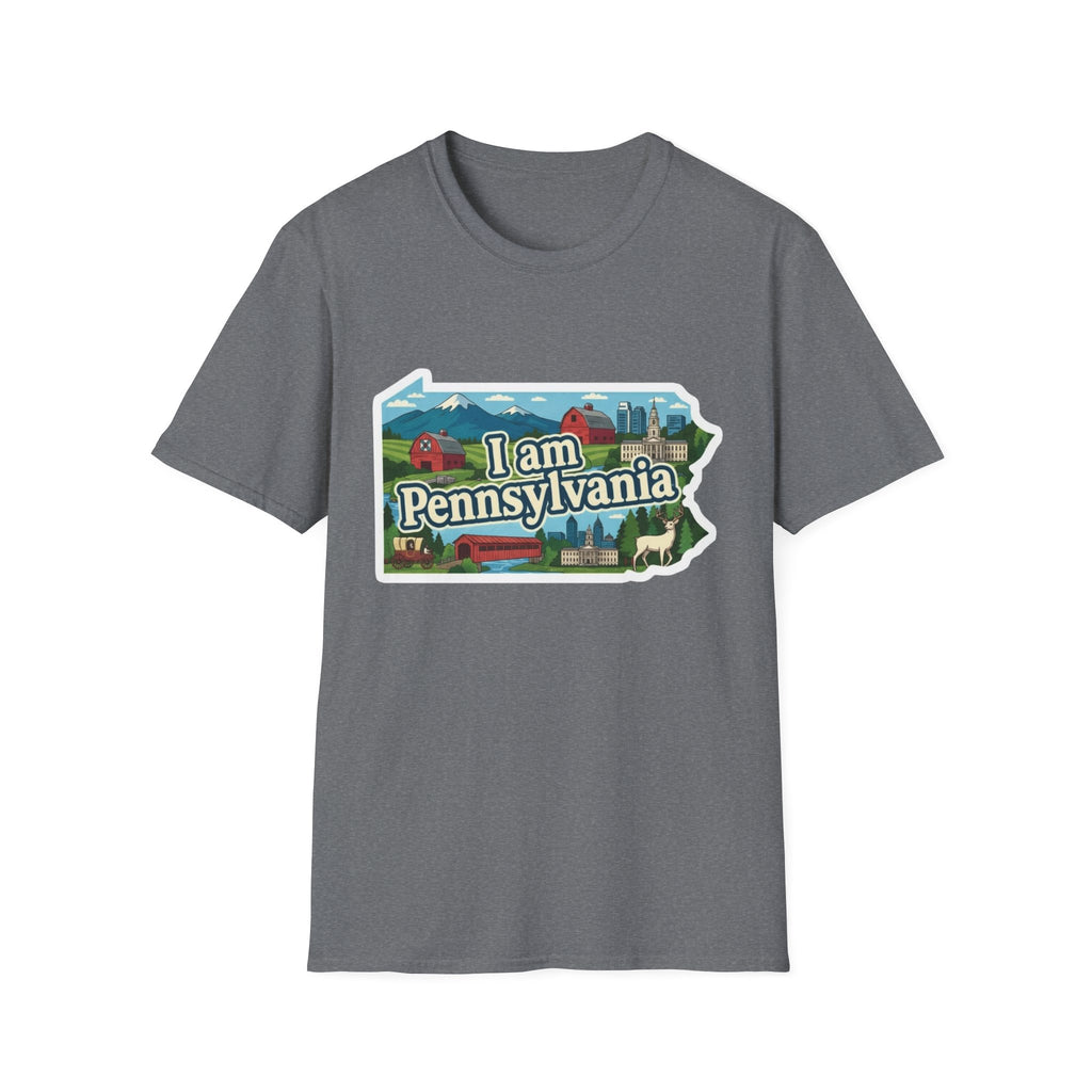 Graphite Heather T-shirt with “I am Pennsylvania” map graphic and landmarks front