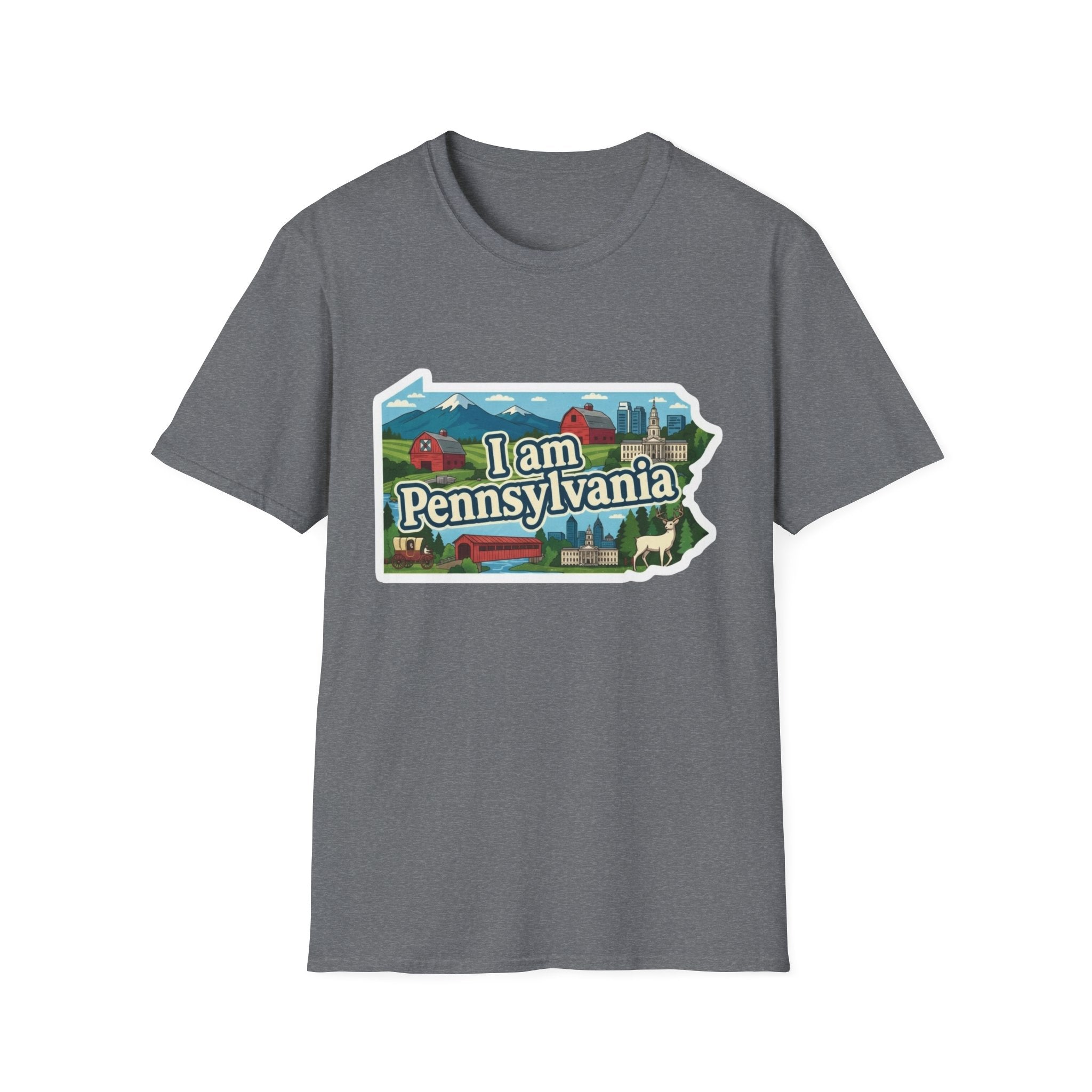 Graphite Heather T-shirt with “I am Pennsylvania” map graphic and landmarks front