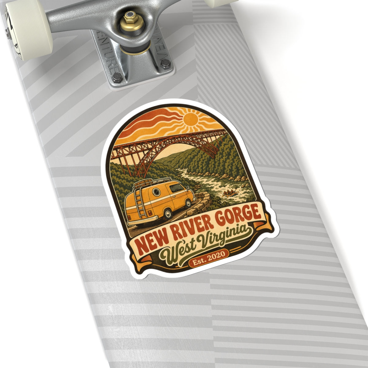 Die-cut travel sticker with yellow van, steel arch bridge, orange waves, and ribbon text.