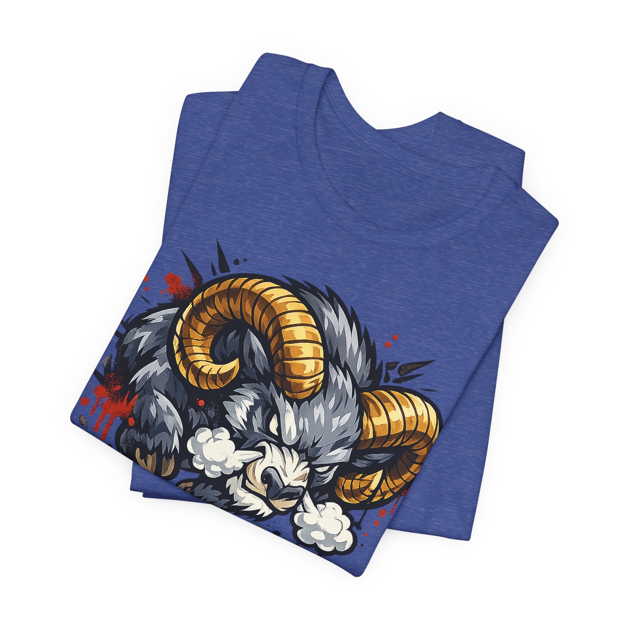 Blue unisex t-shirt with charging ram graphic front