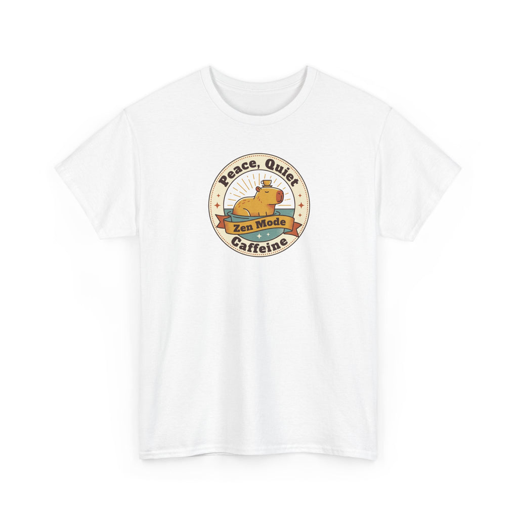 White T-shirt with circular capybara graphic reading “Peace Quiet Zen Mode Caffeine”