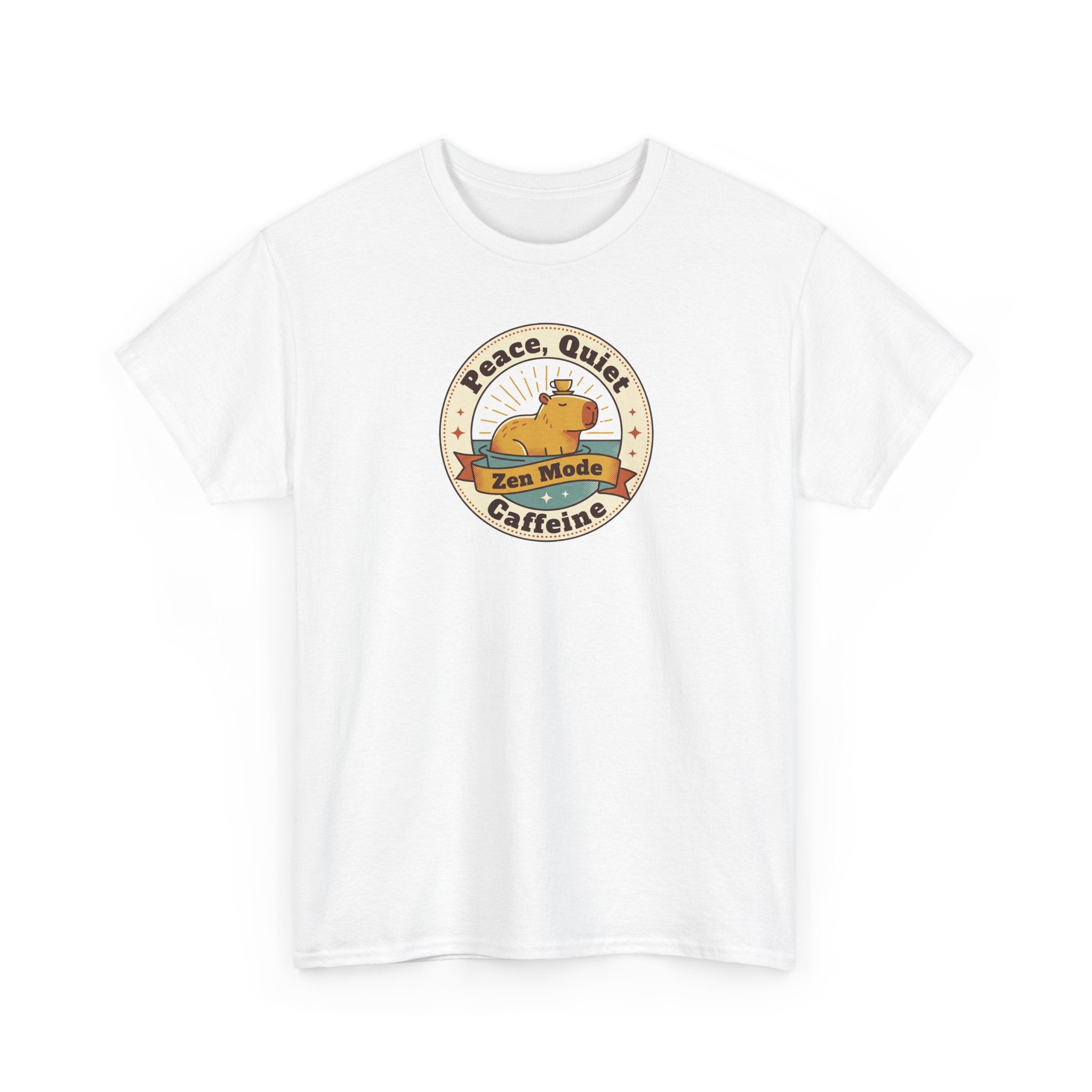 White T-shirt with circular capybara graphic reading “Peace Quiet Zen Mode Caffeine”