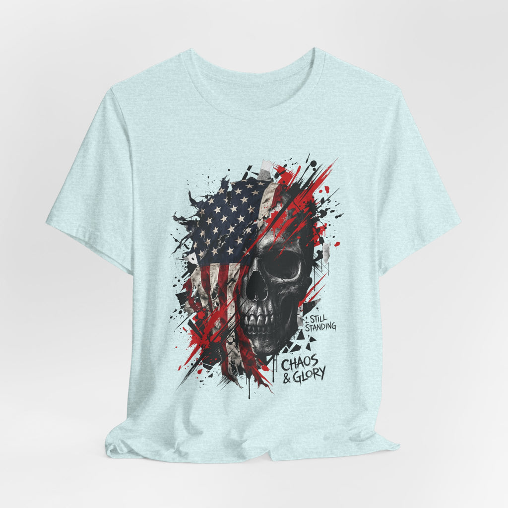 Light blue crewneck T-shirt with skull-and-flag graphic in red, white, and blue