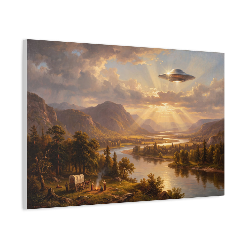 Pastoral river landscape canvas print with mountains, glowing UFO, and sunset light