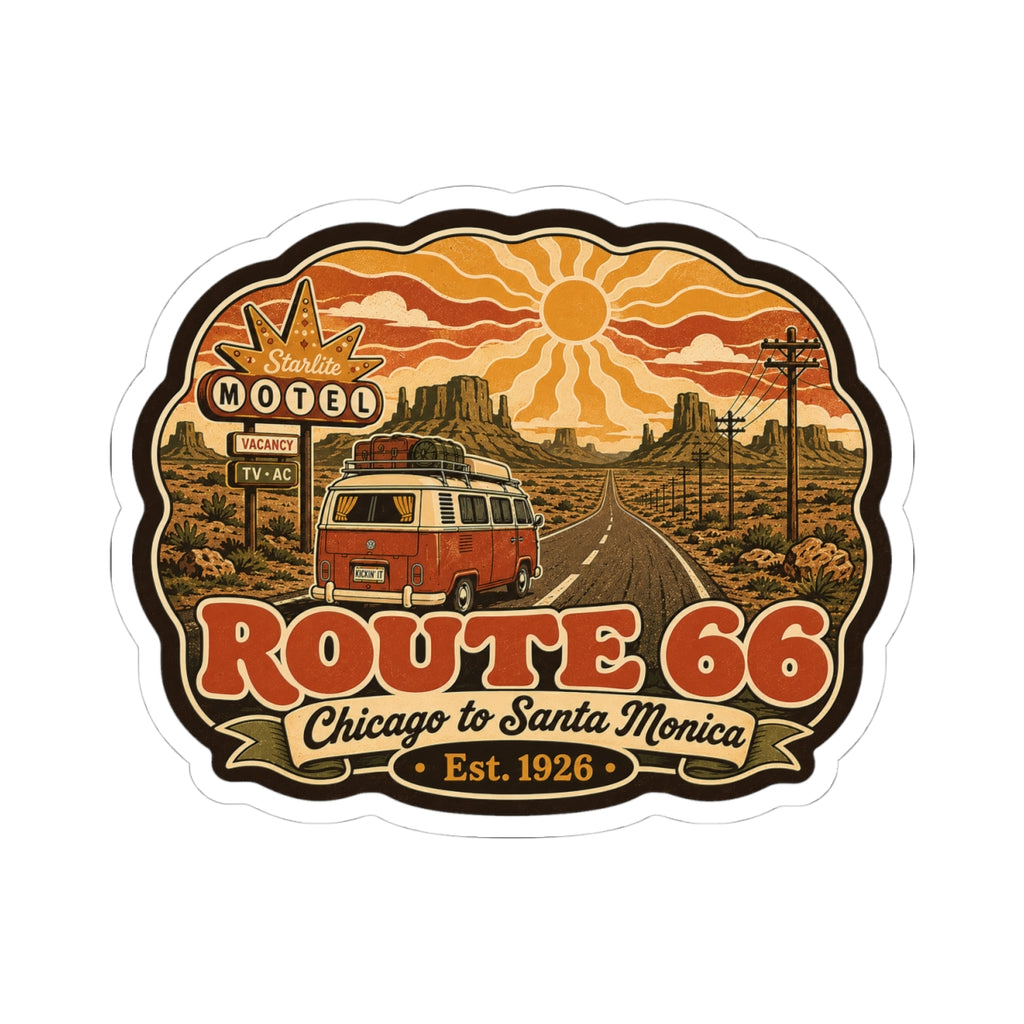 Route 66 vintage van sticker with red van on road; orange rays and Chicago to Santa Monica
