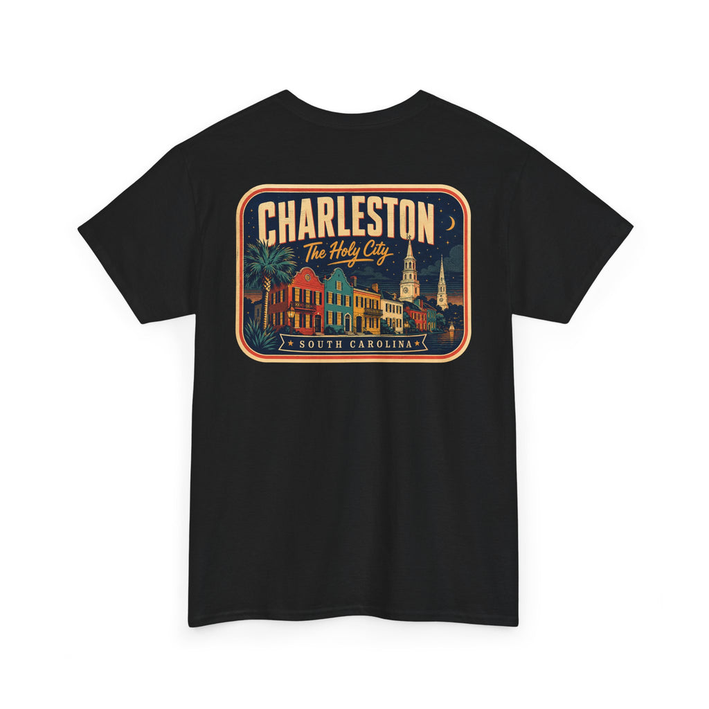 Black T-shirt with round Charleston city badge graphic on chest