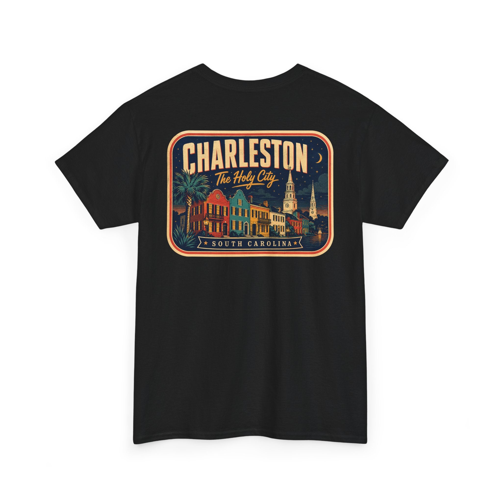 Black T-shirt with round Charleston city badge graphic on chest