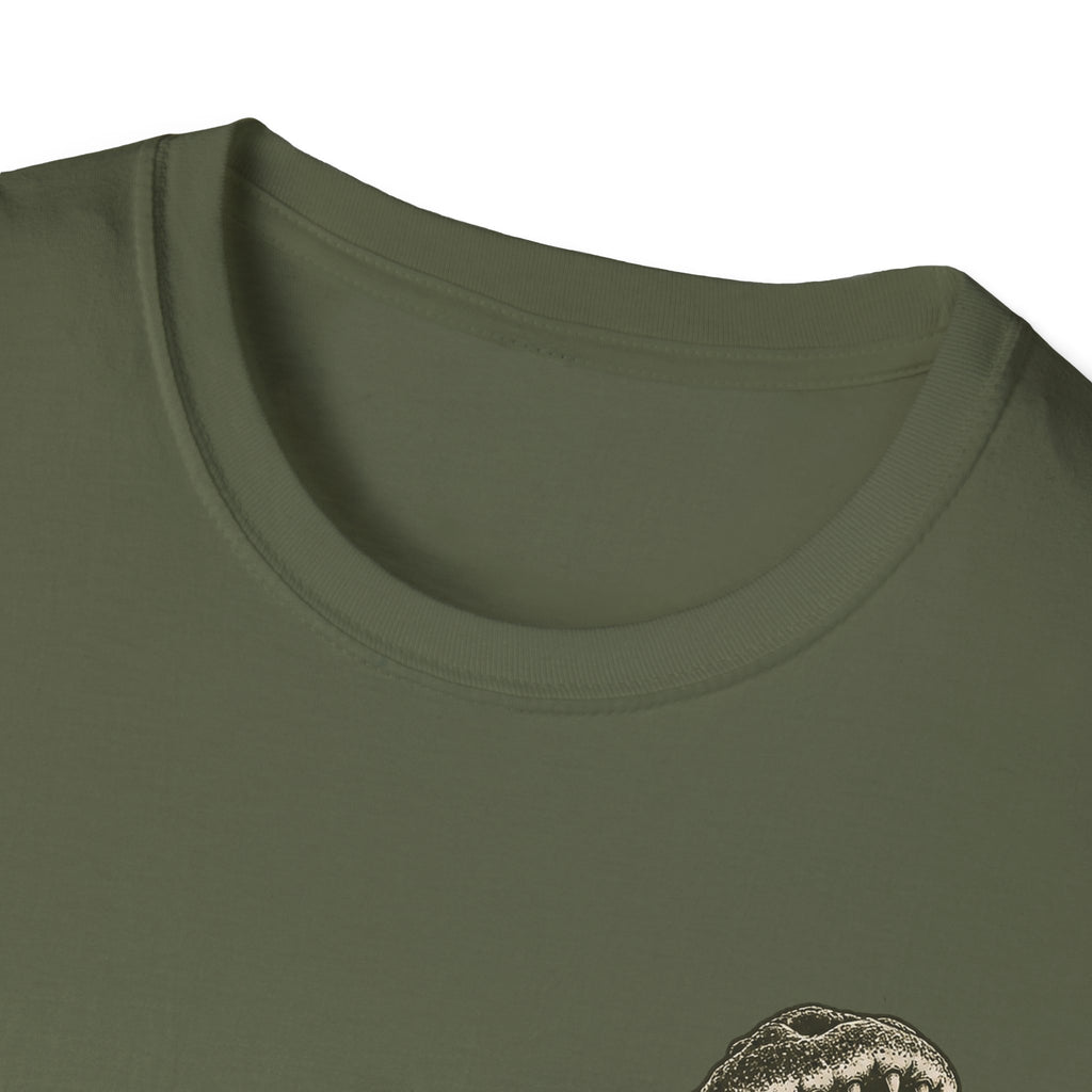 Olive green crewneck T-shirt close-up with partial alligator graphic