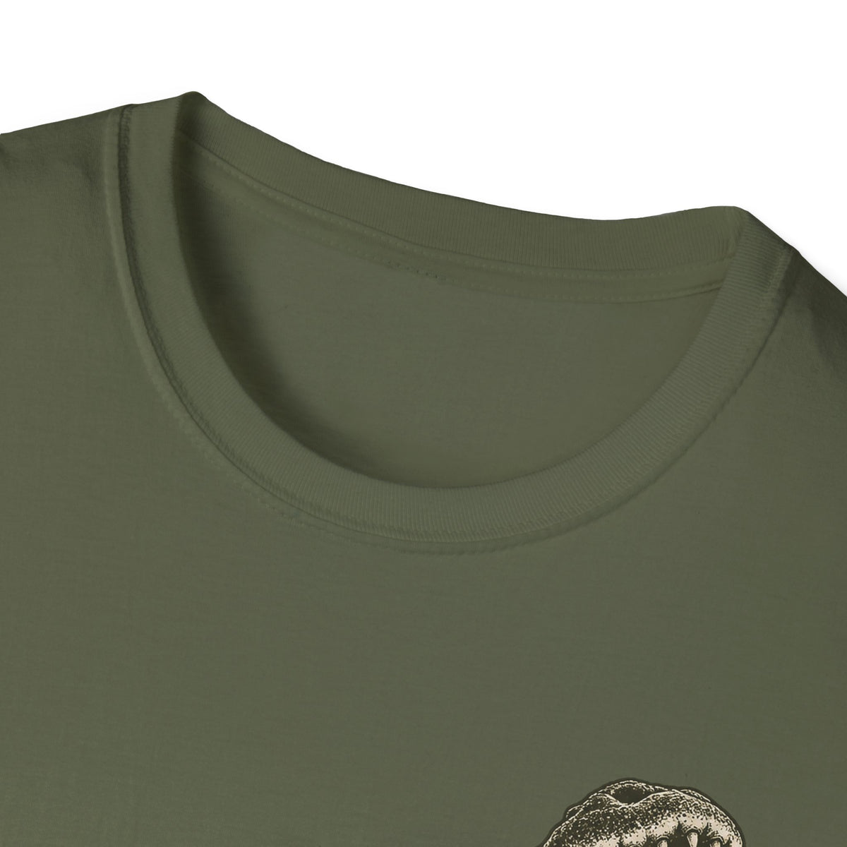 Olive green crewneck T-shirt close-up with partial alligator graphic