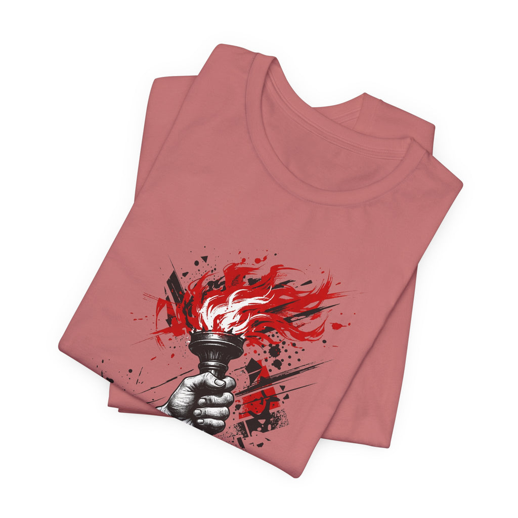 Rose-pink crewneck T-shirt with red flame torch graphic on front.