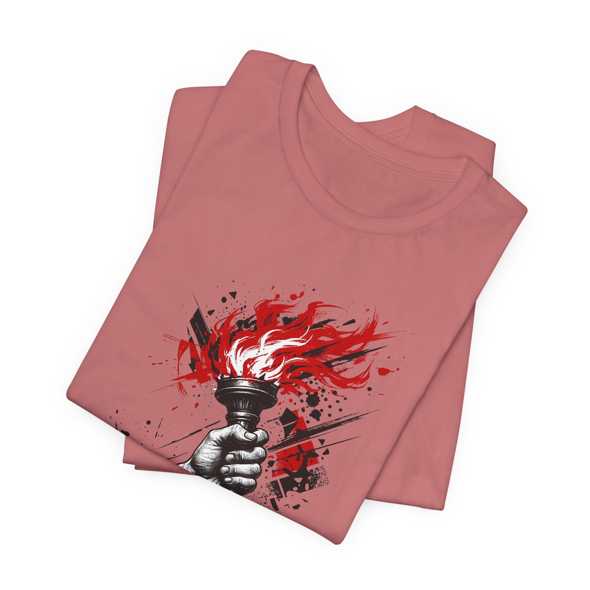 Rose-pink crewneck T-shirt with red flame torch graphic on front.