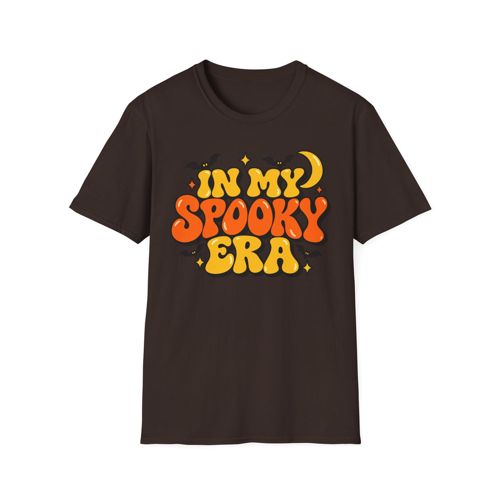 Dark brown Halloween graphic T-shirt with orange and yellow bubble lettering