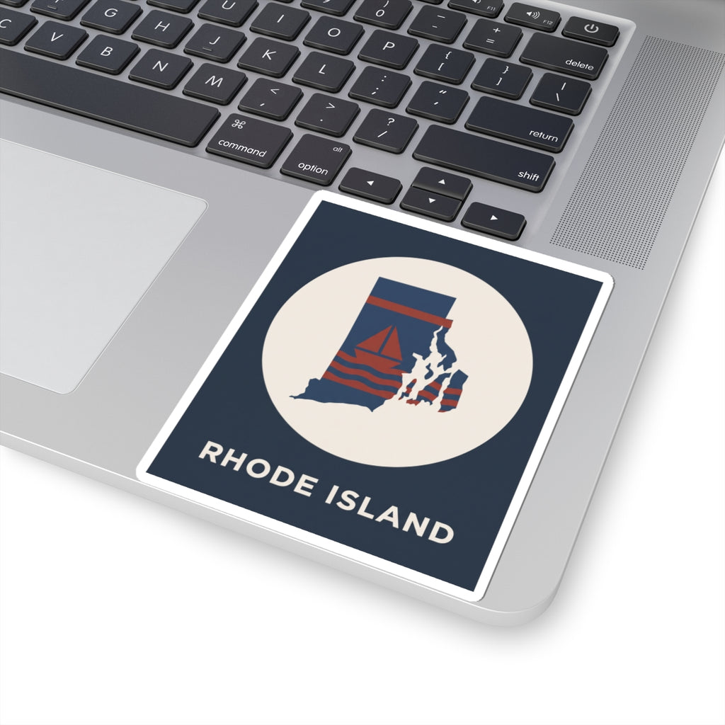 Rhode Island nautical sticker on laptop, blue rectangle with circular emblem and “RHODE ISLAND”
